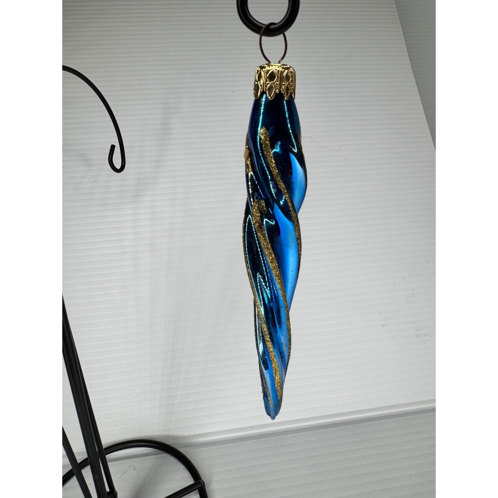 Vintage Germany Cobalt Blue Glass Icicle Christmas Ornament Gold Glitter Spiral